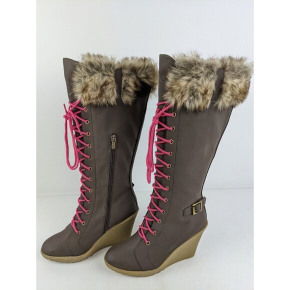 Colin Stuart Shoes - Colin Stuart Faux Fur Wedge Heel Womens Size 10B Brown Knee High Pink Laces
